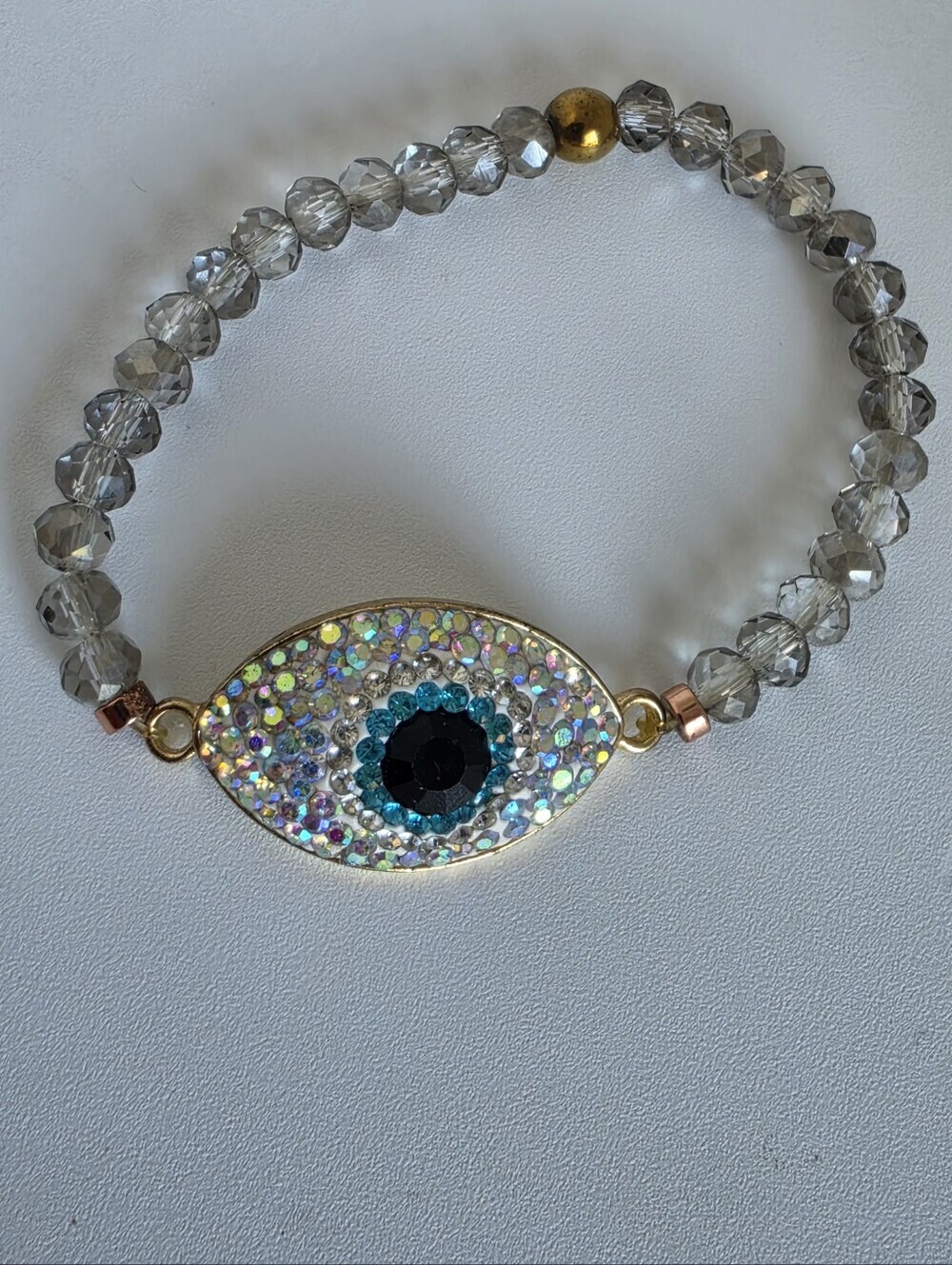 Handmade Evil Eye Stretch Bracelet Gray Crystal Beaded Protection Charm - Picture 5 of 5